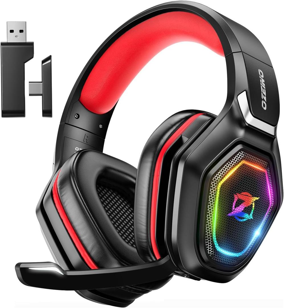 Ozeino 2.4GHz Gaming Headset Wireless with Flip Mic for Ps5, Ps4, PC, Gaming Headphones with USB-A & USB-C Transmitter, 40Hr Battery Gamer Headset for Laptop, Mobile, Mac (Red)