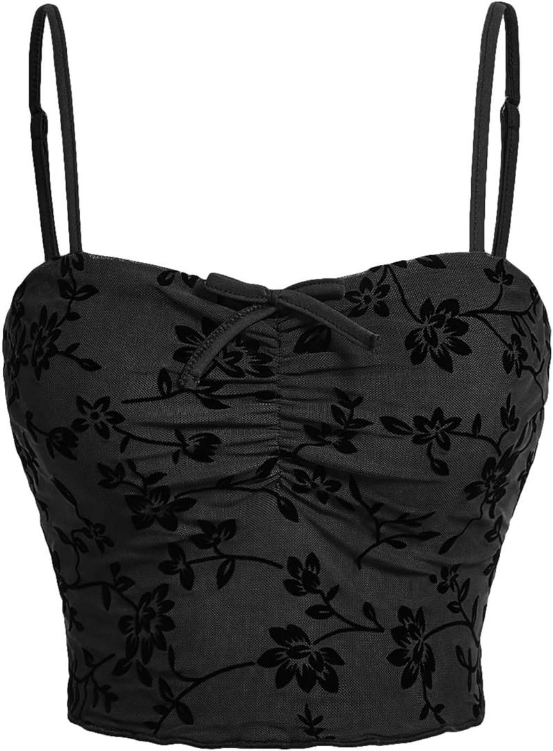 Verdusa Women's Ruched Floral Mesh Y2k Crop Cami Top Sleeveless Fitted Going Out Tops Goth Clothes (Medium, Black) Verdusa Women's Ruched Floral Mesh Y2k Crop Cami Top Sleeveless Fitted Going Out Tops Goth Clothes (Medium, Black)