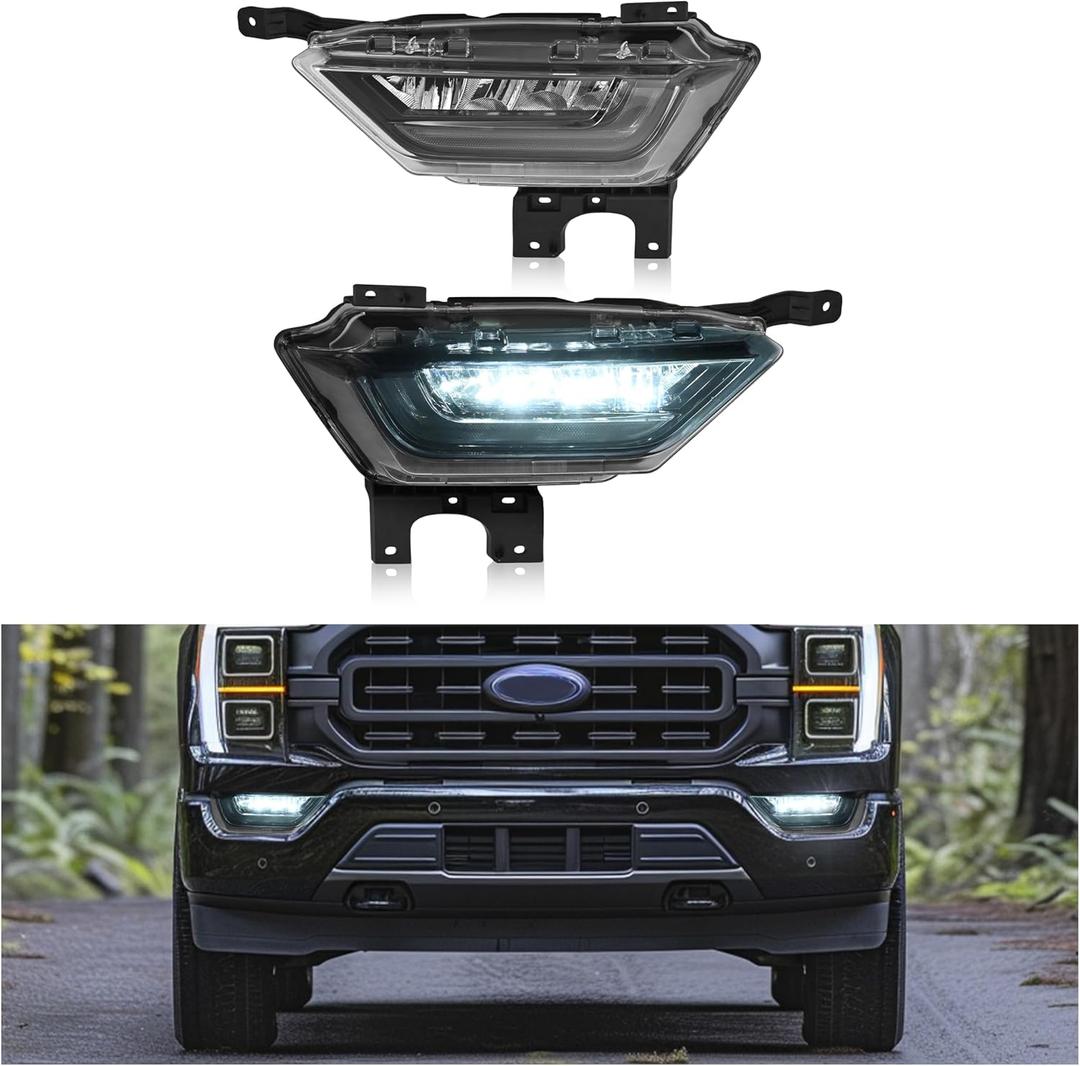 HECASA Pair LED Fog Light Assembly Compatible with 2021-2023 Ford F150 Replacement for FO2592259 FO2593259 19629200 19629100 Front Bumper Fog Lamp Clear Lens - Driver&Passenger Side