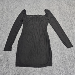 WDIRARA Women's Square Neck Mesh Long Sleeve Ruched Bodycon Short Dress Black,medium