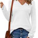 Zeagoo Womens 2026 Fall Sweaters Casual Long Sleeve Ribbed Knit Pullover V Neck Lightweight Crochet Pullover Sweater Top (Medium, White)