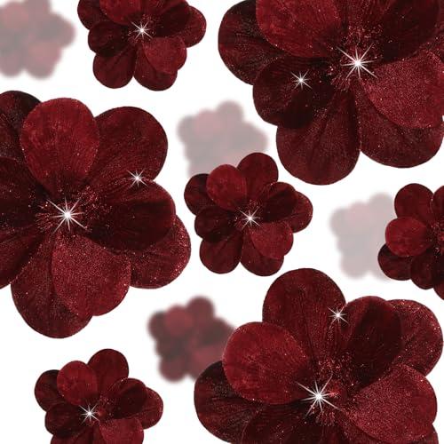 Norme 15 Pcs Christmas Magnolia Flowers Ornaments 3.15'' 5.91'' 8.27'' Large Artificial Magnolia Velvet Fold Poinsettia Stems for Christmas Tree Wreath Holiday Decor(Burgundy)