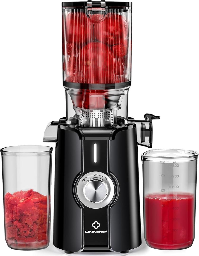 Cold Press Juicer, LINKChef Slow Masticating Juicer Machines with No-Prep 4.35" Large Feed Chute & Upgraded Auger for Whole Vegetables and Fruits, 42oz Capacity, Easy to Clean, Blackout 