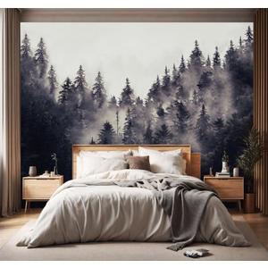-Misty Forest Backdrop Large Fabric Living Room Wallpaper Black Pine Forest Bedroom Bathroom Wall Mural- 91"x65" not Peel and Stick (Y21)