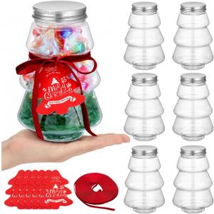 Amyhill 6 Pcs Christmas Tree Candy Jars with Lid Plastic Candy Boxes with Ribbon Card Clear Storage Filling Containers for Christmas Party Favor Xmas Gift Wedding Decoration (Flat Top)