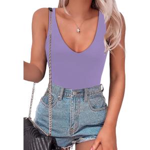 SAUNGKUAI Womens Bodysuit Sexy Plunge Deep V Neck Backless Sleeveless Tank Thong Body Suits Outfits for Going Out (XX-Large, Lightpurple)