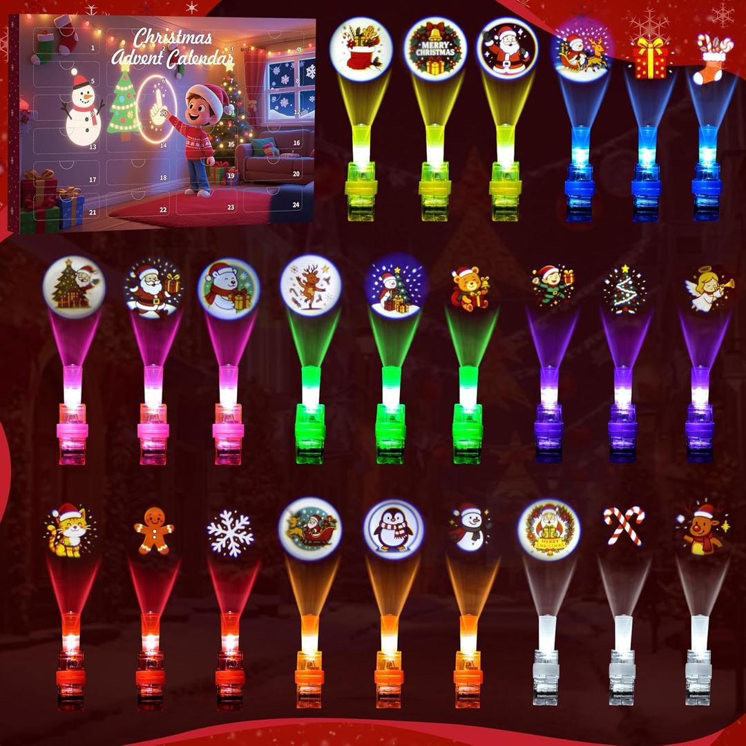 Christmas Advent Calendar with 24 pcs Different Xmas Themed LED Novelty Finger Lights Gifts for Christmas Countdown Calendar Party Favors Toys Stocking Stuffers for Kids Boys Girls Toddlers