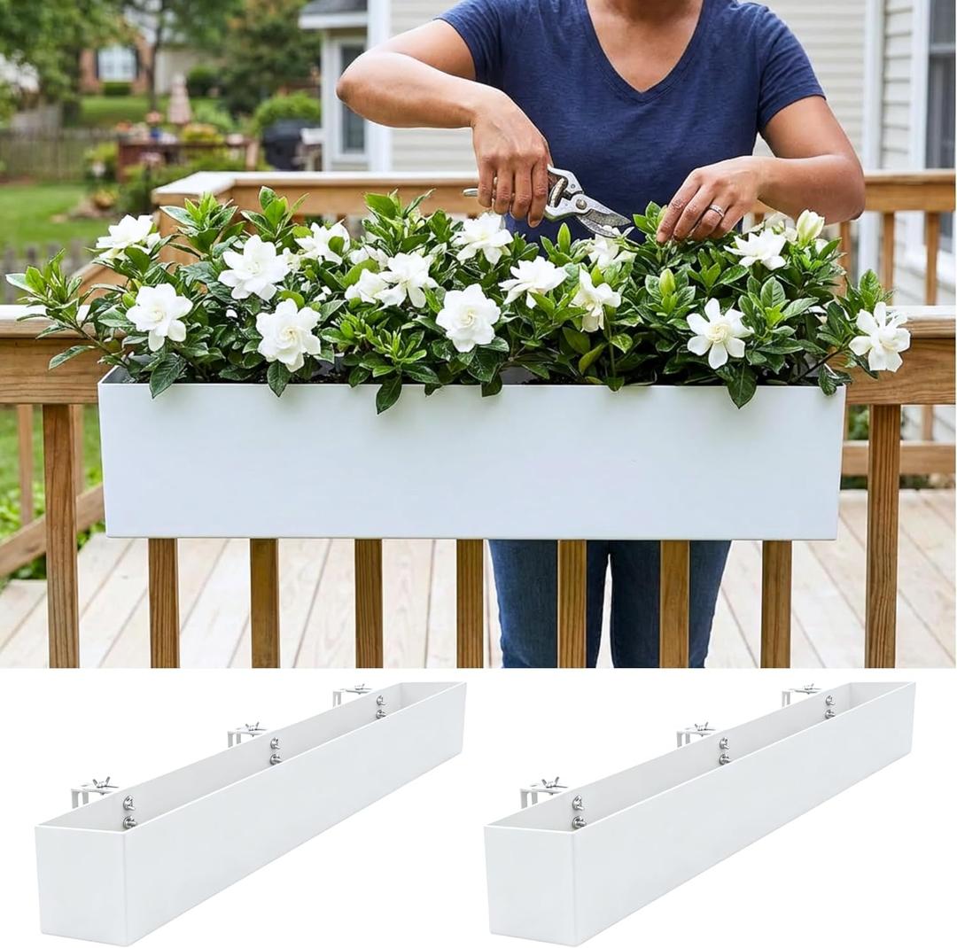 LaLaGreen Planter Boxes Outdoor (36 Inch, 2 Pack) White Metal Rectangular Deck Railings Flower Box with Brackets, Large Planters Plant Holder for Fence Balcony Rail Patio Porch Modern Garden Decor