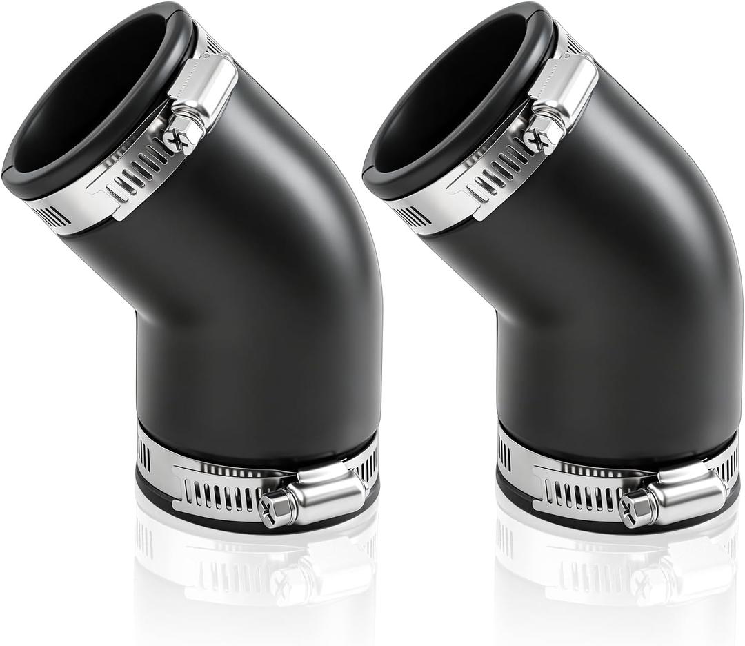 2 Pack 2" 45-degree Flexible Elbow Fitting, Heavy Duty Rubber Construction with 304 Stainless Steel Clamps, Leak-proof UV Resistant Pipe Connector for Marine Bilge, DWV Drainage, Pump