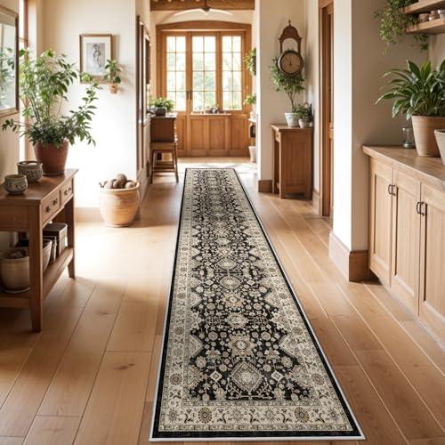Washable Hallway Runner Rug 3x14: Non Slip Runner Rugs with Rubber Backing Soft Kitchen Rug Farmhouse Distressed Carpet Runner for Living Room Bedroom Bathroom (Black, 3X14)