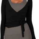 Women Ballet Wrap Top Long Sleeve Self Tie Dance Shirt Pilates Yoga Tops Y2k Workout Active Blouses (Small, Black)