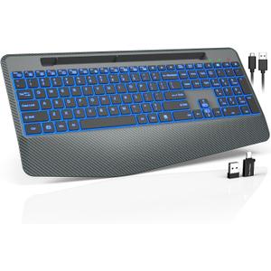 Wireless Keyboard with 7 Colored Backlit, Wrist Rest, Phone Holder, Rechargeable Ergonomic Computer Keyboard with Silent Key, Full Size Lighted Keyboard for Windows, MacBook, PC, Laptop (Gray)