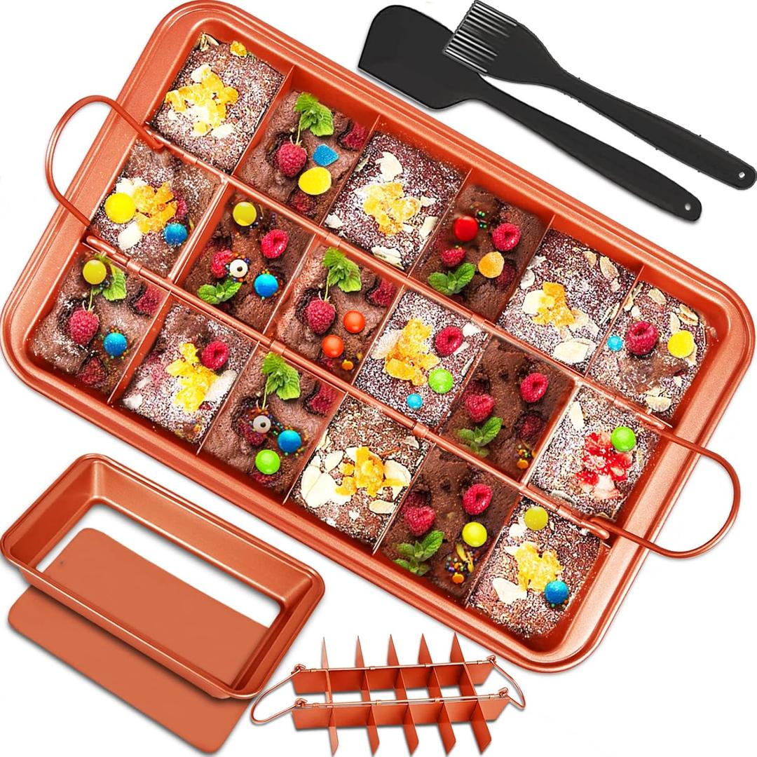 Brownie Pan with Dividers, Brownies Pan with Cutter, Nonstick Brownie Baking Pan with Spatula Brush, Rectangular Cake Pans All Edges Brownie Mold Tray for Baking Bread Cookie Bites Biscuit Muffin, etc (Orange)