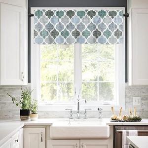 Valances Curtains for Living Room Retro Moroccan Pattern Gray and Green Semi Sheer Valance for Windows Rod Pocket Short Window Treatment Decor Curtains Light Filtering Kitchen Valance 42"x12"