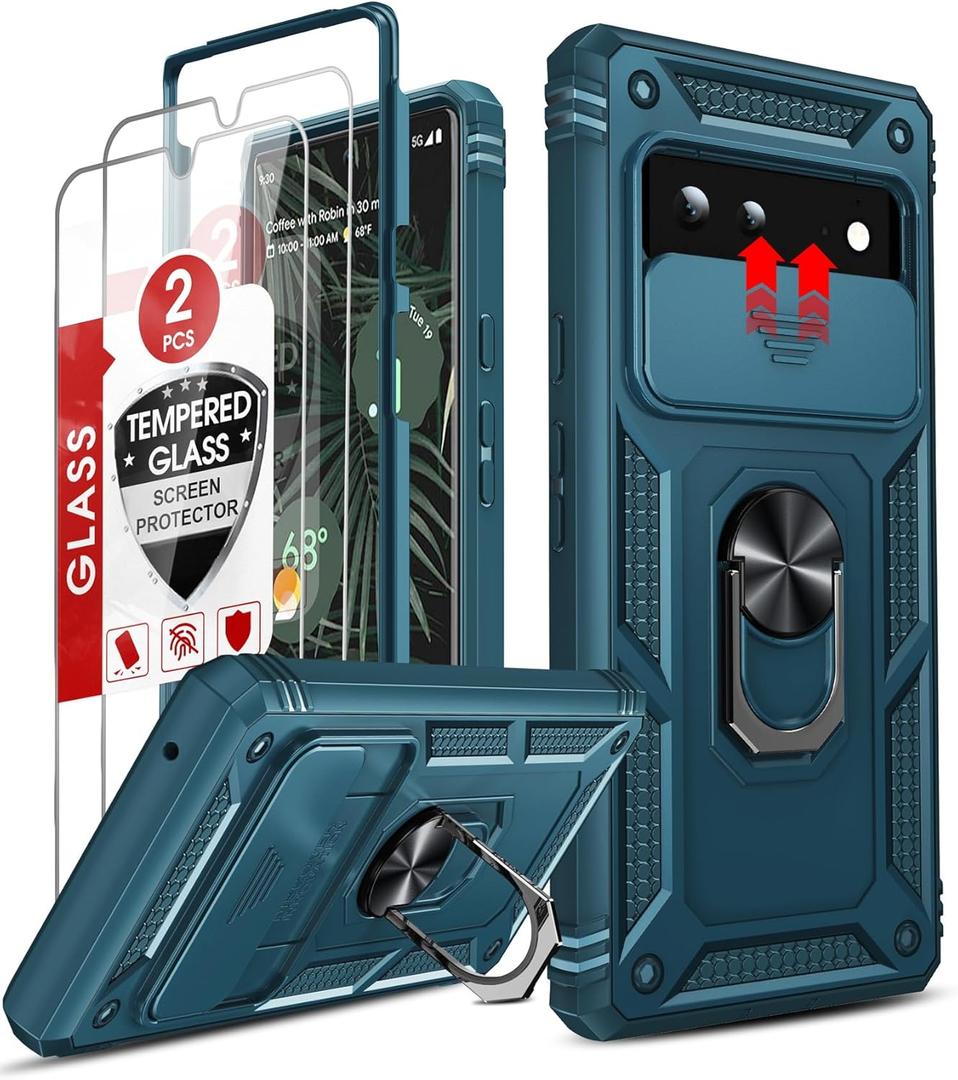 LeYi for Google Pixel-6 Case: Google Pixel 6 Phone Case with Slide Camera Cover + [2 Packs] Tempered Glass Screen Protector, 360 Full Body Military-Grade with Ring Holder Kickstand Magnetic, Sea Blue