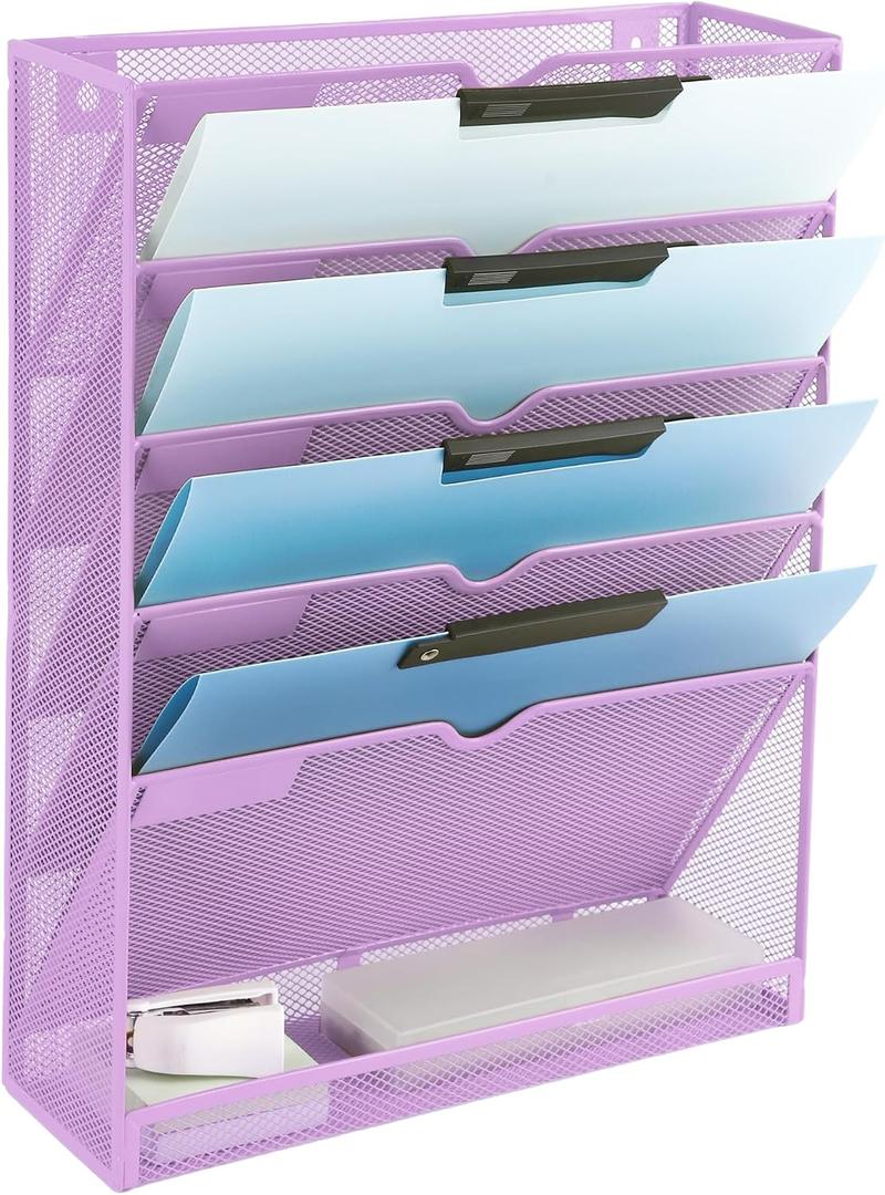 EASEPRES 6 Tier Mesh Hanging Wall File Organizer, Desk Vertical Mail Paper Document Folder Holder Rack with Bottom Tray and Nametag Label for Office Home School, Light Purple