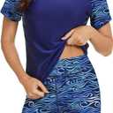 Bonneuitbebe Women's 2 Piece Rash Guard Short Sleeve UPF 50+ Swim Shirt Built in Bra Bathing Suit with Boyshorts Bottoms (Medium, Navy Blue Pa20)
