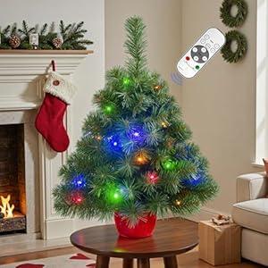 2FT Pre-lit Artificial Small Mini Christmas Tree with Warm White Multi-Color LED Lights, Remote Control and Timer, Perfect for Xmas Tabletop Decorations, Home, Kitchen, Dining Table top Green
