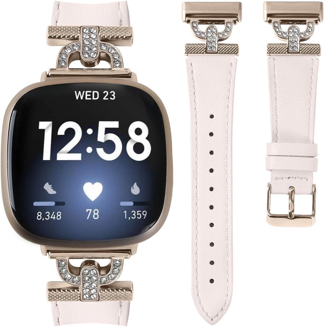 Luxe Leather Bands Compatible With Fitbit Versa 4/Versa 3/Sense 2/Sense Bands For Women D-shaped Bling Metal Buckle Replacement Straps. (Champagne Gold/Apricot)