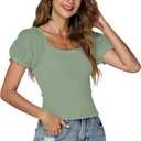 LYANER Women's Square Neck Shirred Eyelet Embroidered Puff Short Sleeve Ruffle Trim Blouse Crop Top (Green, L)