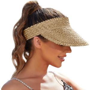 Straw Sun Visors & Hats for Women - Packable Beach Hats, Handmade, Sun Protection (One Size, Khaki)