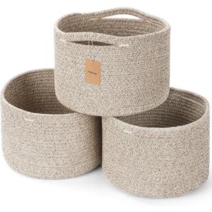 Small Rope Baskets for Storage, Baskets for Gifts Empty, Cute Round Woven Basket, Decorative Shelf Baskets 9.829.827.1", Cotton Toy Basket Storage Bins for Organizer 3 Packs-Brown