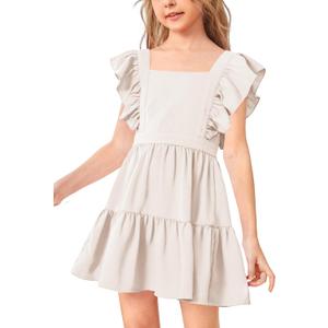 Imily Bela Girls Square Neck Summer Dress Ruffle Sleeve A-line Swing Casual Party Mini Dresses 5-14 Years