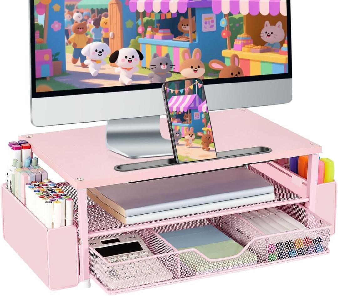 AUPSEN Pink Desk Organizers and Accessories, 2-Tier Wood Computer Monitor Stand with Drawer, Pen Storage & Phone Holder, Office Desk Accessories, Workspace Desktop Organization for Office Supplies