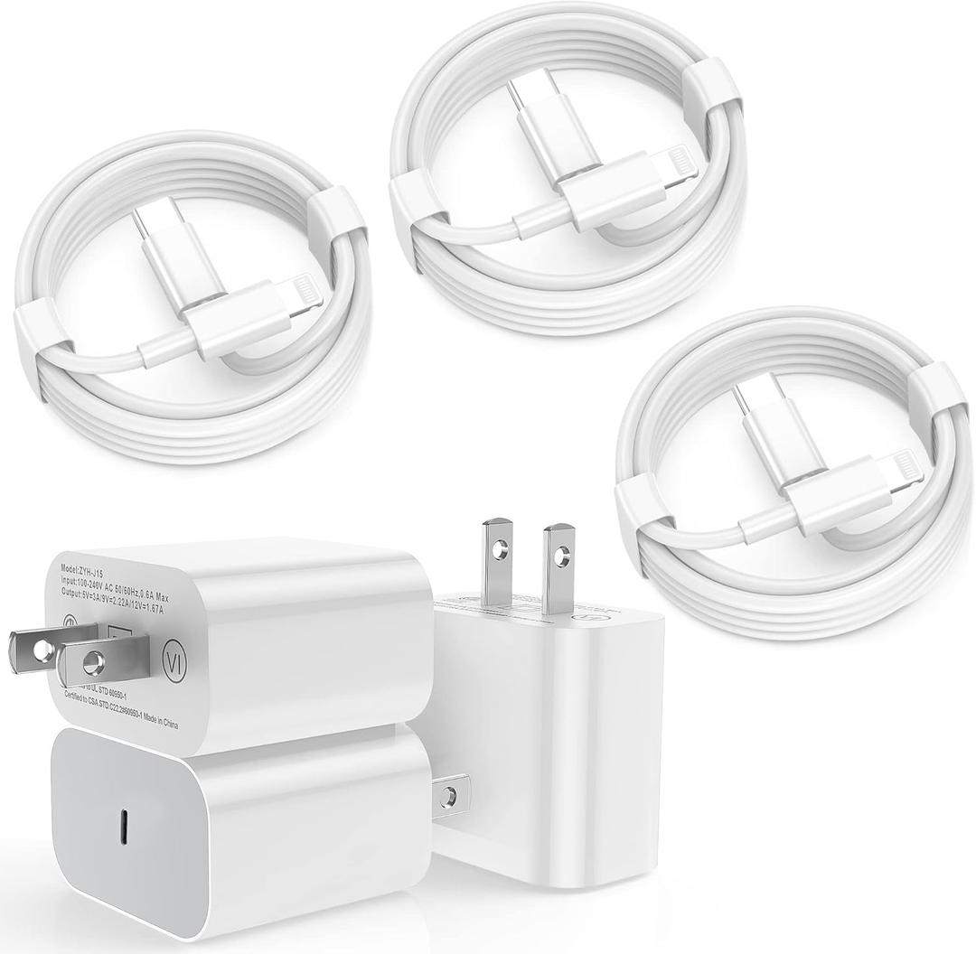 iPhone Fast Charger 6 Pack 3 pcs Apple Type C Wall Charger Block with 3 pcs 6FT Long USB C to Lightning Cable Fast Charging Cord for iPhone 14 13 12 11 Pro Max/SE 2022/iPad
