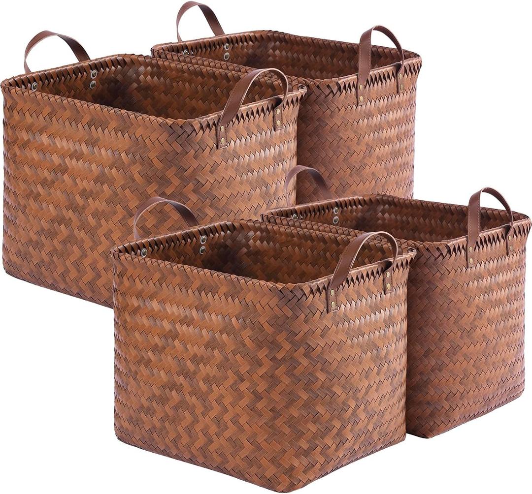 13x15x13 Woven Laundry Basket Hamper, Storage Basket for Clothes Blankets, 4-Pack Wicker Bin for Closet Shelves Bedroom Bathroom, Brown