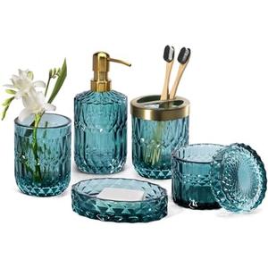 EMPO 6PCS Bathroom Clear Glass Accessories Set (Lotion Soap Dispenser, Soap Dish, Toothbrush Holder, Tumbler, Cotton Swab Jar), Contemporary Modern Decor Crystal Vintage Gift (6pcs Ocean Teal Blue)