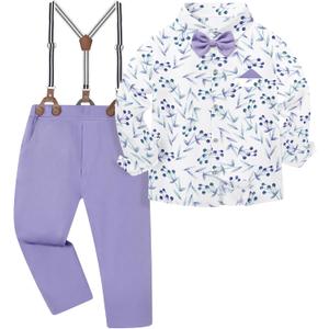 DISAUR Boys Suits 3 Pieces Formal Dress Shirt with Bowtie+Suspender Pants Boy Gentleman Outfits Set 7-8 Years