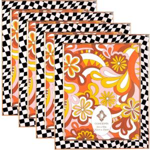 Concepts Black And White Small Checkered Retro Enamled Picture Frame With HD Clear Glass, Extra Durable Photo Frames - Display Wallhung/Tabletop Vertically Or Horizontaly ((4 Pack) Gold Bordered, 8x10)