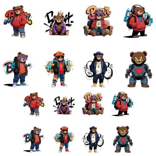 ANATTASOUL 16 Sheets Iron on Transfers for T-Shirts Bear and Graffiti DTF Transfers Ready to Press, Washable Iron on Decals for Lady Women Men Clothing Hat Bag Pillow DIY Crafts