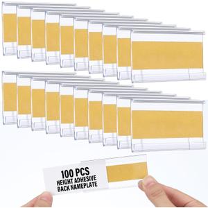 Kathfly 100 Pcs 3 x 1. 4 Inch Self Adhesive Label Holders Nameplate, Clear Shelf Label Holders Plastic Name Price Tag Strip Door Plates for Supermarket Retail Store Home Office Desk Storage Bins