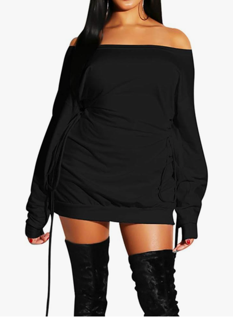 GOKATOSAU Women's Sexy Casual Off Shoulder Long Sleeve Lace Up Loose Club Mini Dress XL