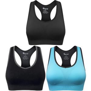 Women's Seamless Racerback Sports Bra High Impact Support Yoga Gym Workout Fitness (XX-Large, 3 Pcs (Black,Blue,Grey)