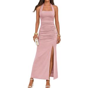 MEROKEETY Women's Wedding Guest Dress Summer Sleeveless Halter Backless Slit Ruched Beach Cocktail Formal Maxi Dresses S