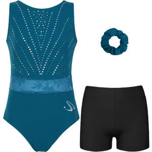 Gymnastics Leotards for Girls, Adult, Child With Shorts Activewear (AL(16&Up/Juniors), Atrovirens Sequins)