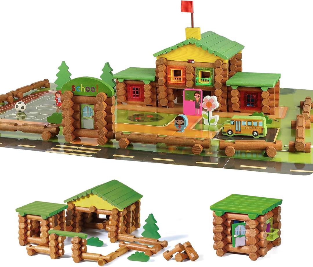 Wondertoys 269 Pieces Real Wood Logs Set Ages 3+, Classic Building Log Gift Set for Boys/Girls Creative Construction Engineering - Top Blocks Game Kit - Preschool Education Toy