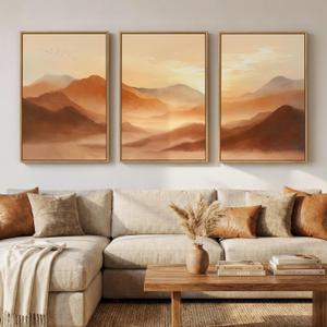Framed Orange Abstract Mountain Wall Art for Living Room, 3 Piece Large Landscape Sunset Scenic Canvas Artwork for Walls, Modern Terracotta Paintings Prints for Hallway Office Wall Decor, 24x36 Inch