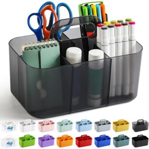 Multiuse Caddy Organizer with Handle, Portable Plastic Tote Bin - Art Craft, Stationary Pen Marker Crayons, Makeup Hair Supplies Storage - Bathroom, Classroom, Dorm, Office, Desk Holder - Clear Black
