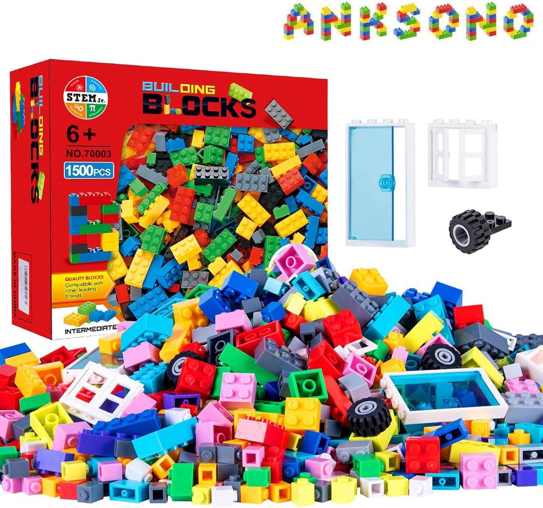 1500 Pieces Building Bricks for Kids with Doors, Windows, Wheels, Tires, Axles, Classic Building Bulk Blocks Compatible with All Major Brands for Boys Girls Ages 3 4 5 6 7 8 9 10 Year Old