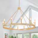 Gold Wagon Wheel Chandelier 37.4 inch, 12-Light Large Round Industrial Gold Farmhouse Chandeliers for High Ceilings Dining Room Living Room Foyer Entryway Outdoor Porch
