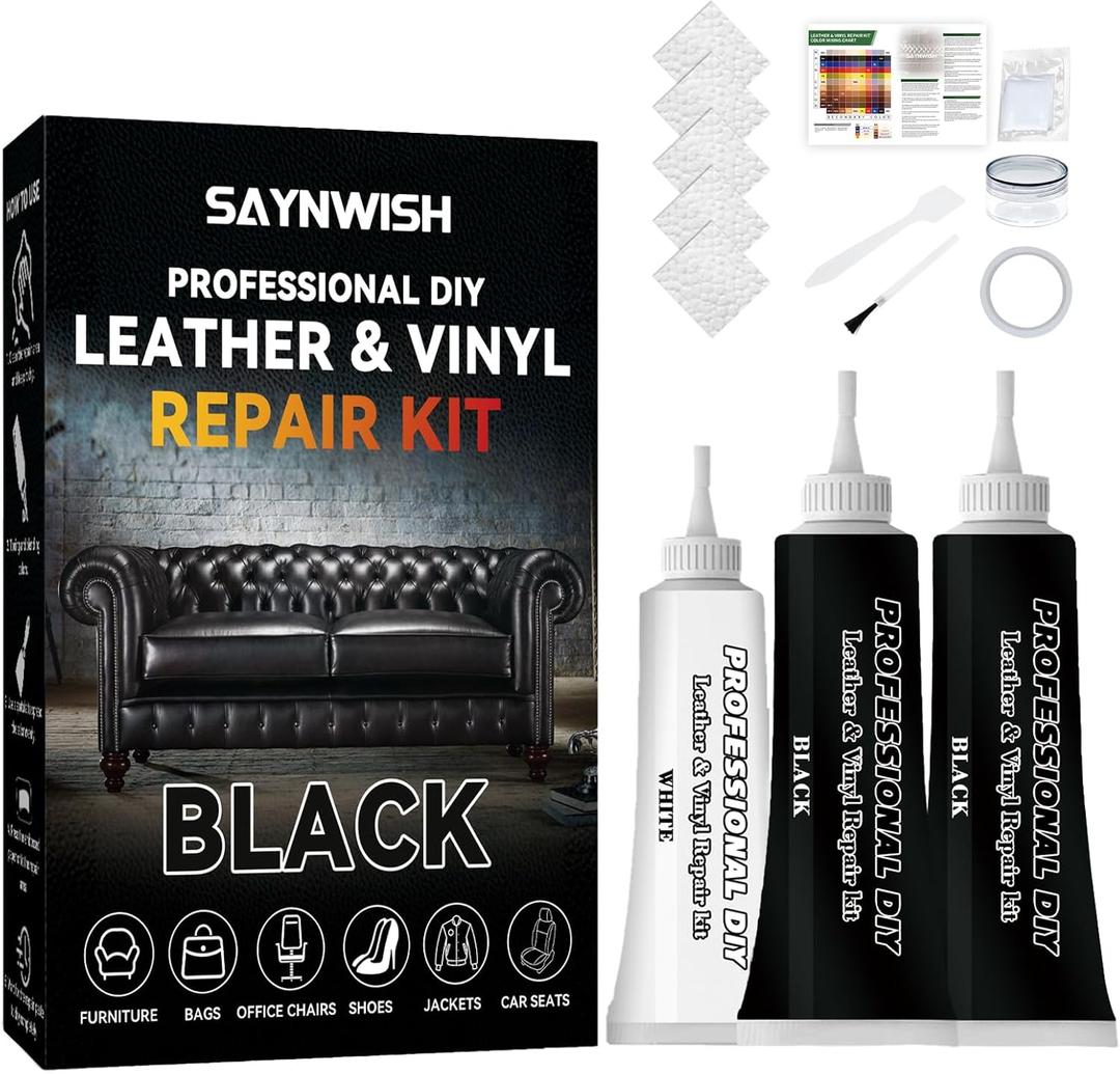 Leather Repair Kit - Restores Faux,Vinyl,Artificial and Real Leather,Sofa,Jacket,Car Seats and Purse.Professional Results,Repairs Burn Holes,Scratches,Tears (Black)