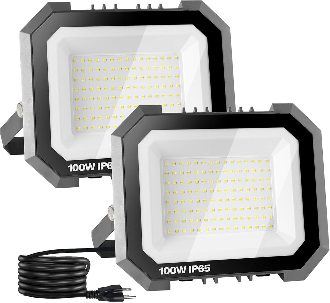 Leddictive 2 Pack LED Flood Lights Outdoor, 100W 10000LM Super Bright Floodlight Outside Work Light with 5.9FT Plug, IP65 Waterproof 6000K Outdoor LED Flood Light for Garage, Yard, Lawn, Garden