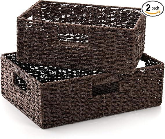 TOPZEA 2 Pack Brown Wicker Storage Basket for Shelves, Hand Woven Paper Rope Shelf Basket, Pantry Organization Baskets with Handle, Decorative Closet Organizer Bins for Kitchen, Bathroom, Coffee Bar
