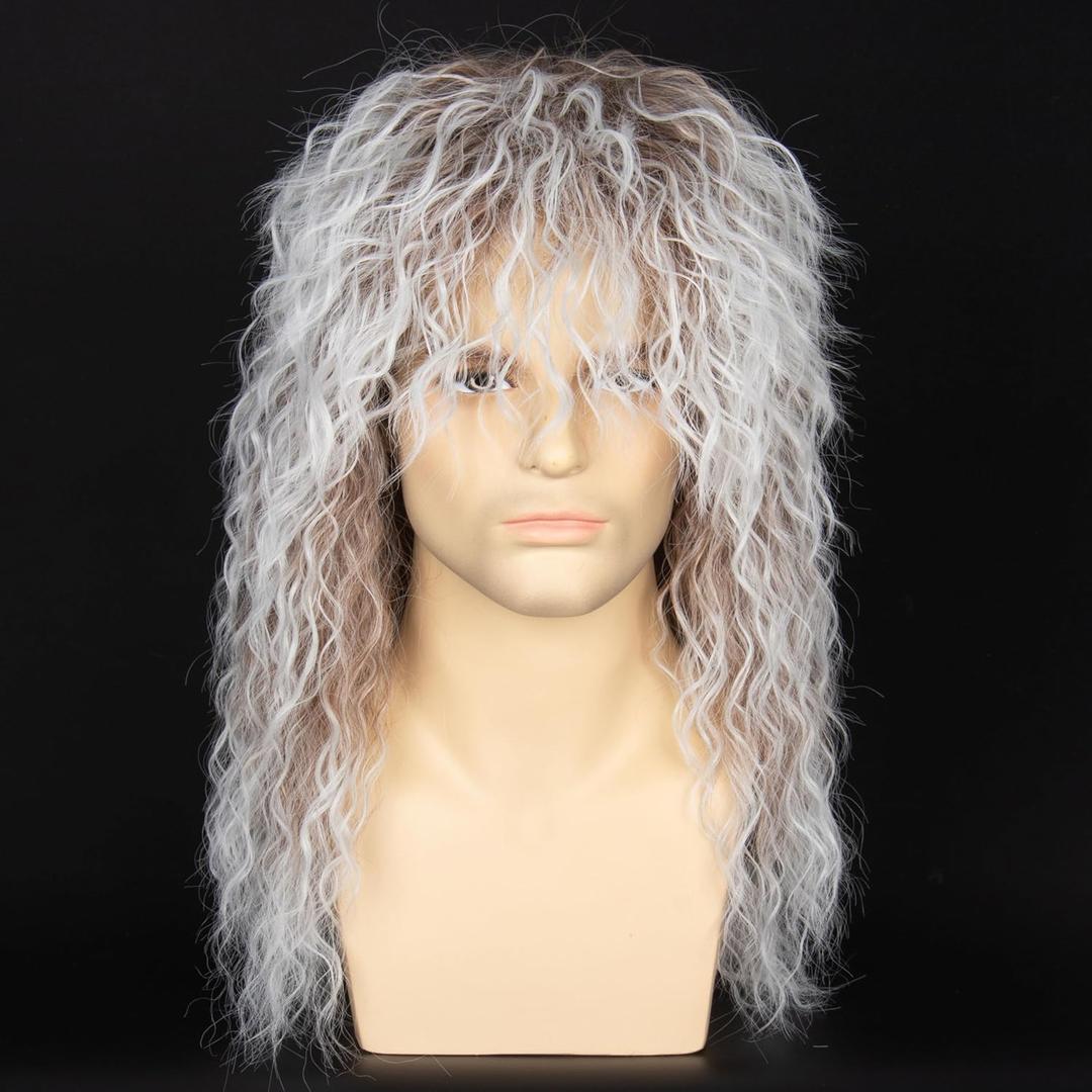 Miss U Hair 80s Party Wigs for Men Women Mullet Wigs for Halloween Costume Wig Long Curly Hair (White Mix Brown)