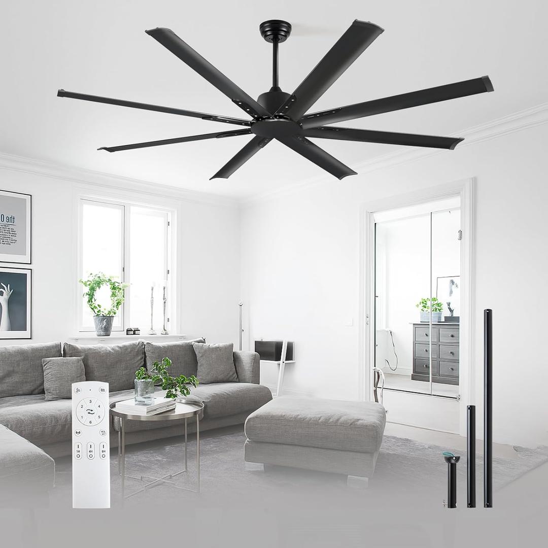 Minislak 72 Inch Ceiling Fan No Light with Remote,8 Aluminum Blades,Industrial DC Motor Quiet Operation,6 Speeds,Large Indoor Outdoor Ceiling Fan for Garage,Patio,Living Room(Black) (Charcoal tone)