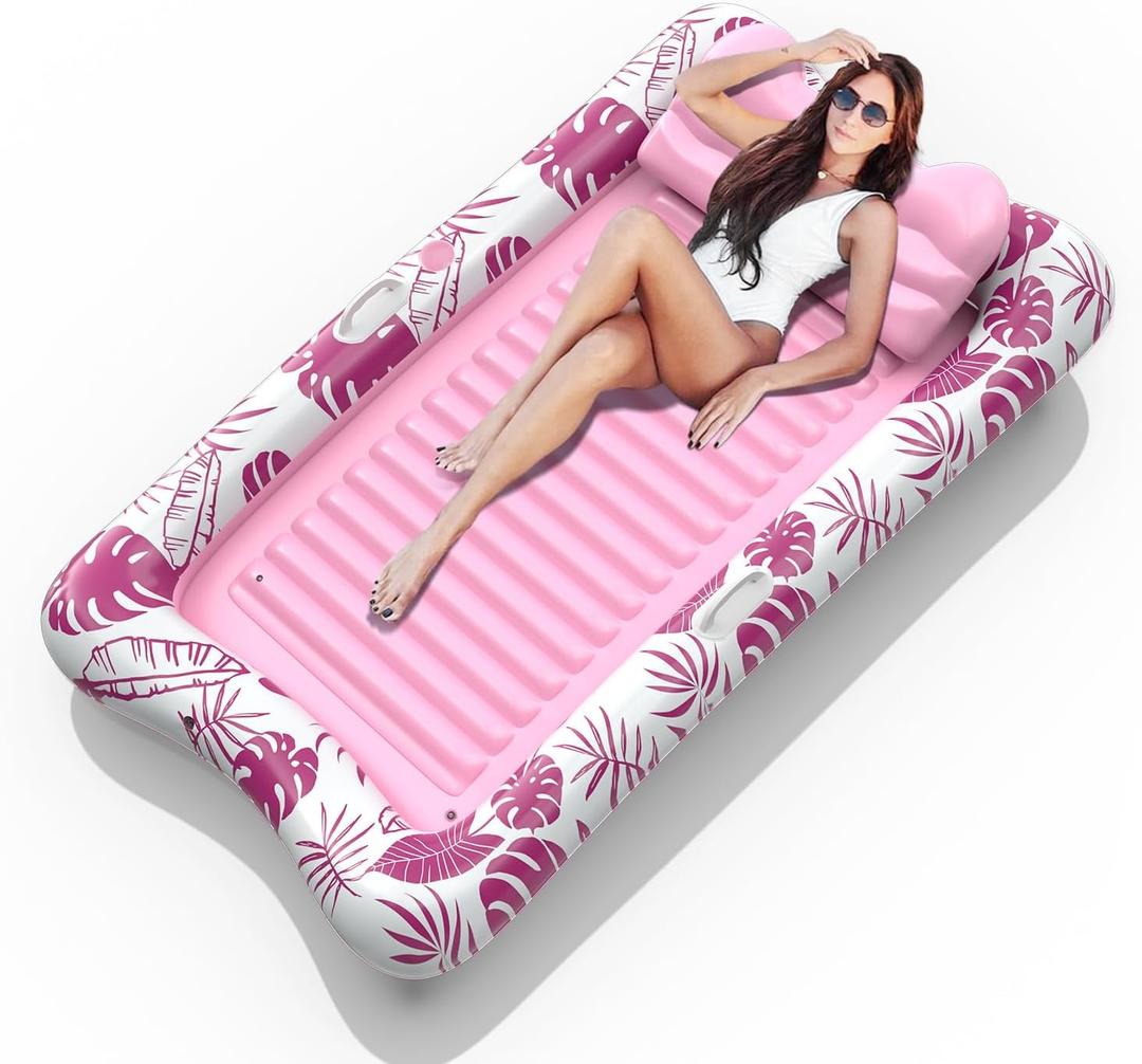 Rrtizan Inflatable Tanning Pool Rafts for Adults, 83.5" x 52.4" Adult Pool Floats with Pillow, Cup Holder & Handles, 4-in-1 Suntan Tub Raft Floatie for Pool, Backyard, Kids' Ball Pit (Pink-White)